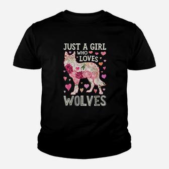 Just A Girl Who Loves Wolves Funny Wolf Silhouette Flower Kid T-Shirt - Seseable