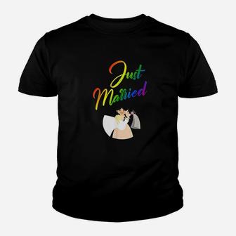 Just Married Double Bride Lesbian Couple Rainbow Color Kid T-Shirt - Seseable