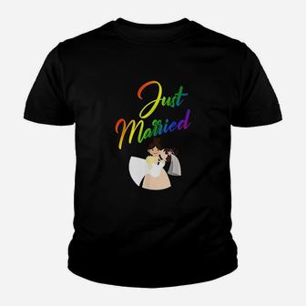 Just Married Double Bride Lesbian Couple Rainbow Color Print Kid T-Shirt - Seseable