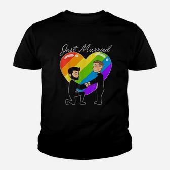 Just Married Gay Couple Just Married Rainbow Heart Youth T-shirt - Seseable