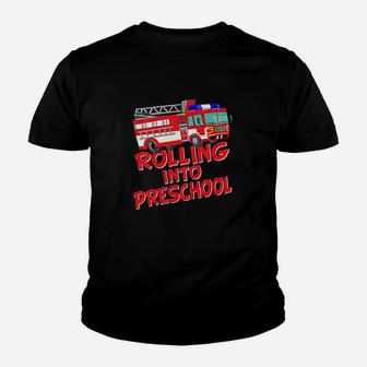 Kids Rolling Into Preschool Fire Truck Fireman Kid T-Shirt - Seseable