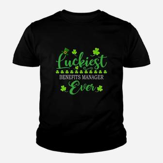 Luckiest Benefits Manager Ever St Patrick Quotes Shamrock Funny Job Title Kid T-Shirt - Seseable