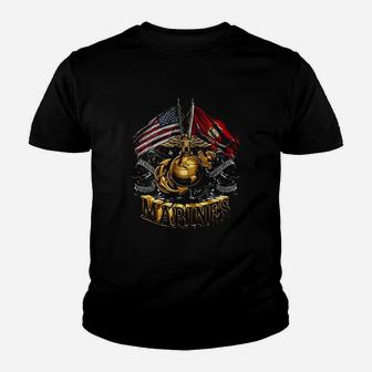 Marine Corps Double Flag Gold Globe Marine Corps Kid T-Shirt - Seseable