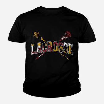 Maryland Flag Lacrosse Boys Stick Lax Mom Dad Kid T-Shirt - Seseable