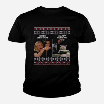 Merry Christmas Happy Holidays Yelling At Cat Meme Xmas Gift Kid T-Shirt - Seseable