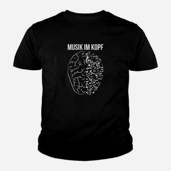 Musik im Kopf Kinder Tshirt: Schwarz mit Gehirn und Noten Motiv - Seseable