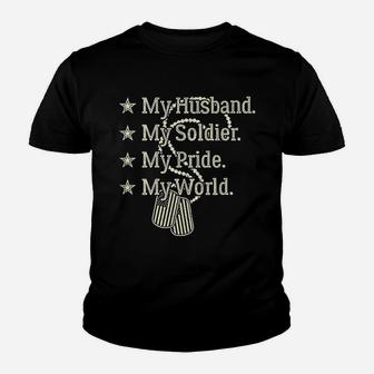 My Husband Is A Soldier Hero Proud Military Wife Army Spouse Kid T-Shirt - Seseable