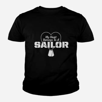 Navy Wife Girlfriend My Heart Belongs To A Sailor Kid T-Shirt - Seseable