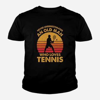 Never Underestimated An Old Man Funny Vintage Tennis Gift Kid T-Shirt - Seseable