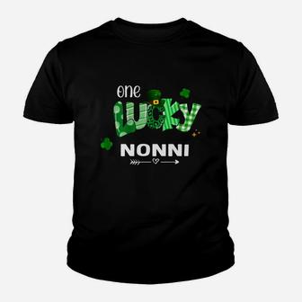 One Lucky Nonni Shamrock Leopard Green Plaid St Patrick Day Family Gift Kid T-Shirt - Seseable