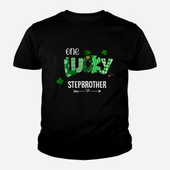 One Lucky Stepbrother Shamrock Leopard Green Plaid St Patrick Day Family Gift Kid T-Shirt - Seseable