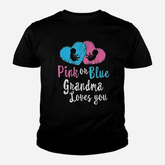 Pink And Blue Grandma Loves You Gender Reveal Baby Shower Kid T-Shirt - Seseable