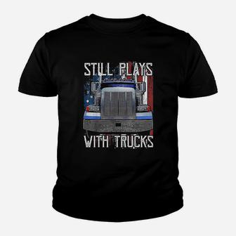Plays With Trucks Funny Truck Driver American Flag Kid T-Shirt - Seseable
