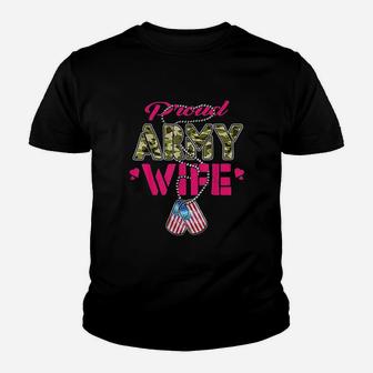 Proud Army Wife Camo Us Flag Dog Tags Military Spouse Gift Kid T-Shirt - Seseable