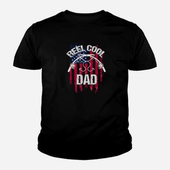 Reel Cool Dad Fishing Daddy Gift Rod Flag Bass Fish Kid T-Shirt - Seseable
