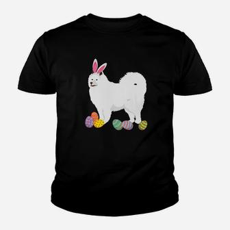 Samoyed Dog Bunny Rabbit Hat Playing Easter Eggs Happy Kid T-Shirt - Seseable
