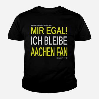 Schwarzes Aachen Fan Kinder Tshirt mit Mir egal! Ich bleibe Fan Aufdruck in Gelb - Seseable