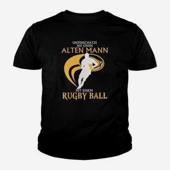 Schwarzes Kinder Tshirt, Alter Mann mit Rugbyball, Lustiges Rugby-Motiv - Seseable