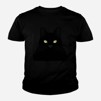 Schwarzes Kinder Tshirt mit Katzengesicht, Leuchtende Augen Design - Seseable