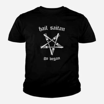 Schwarzes Vegan-Kinder Tshirt, Hail Seitan Go Vegan mit Pentagramm-Design - Seseable