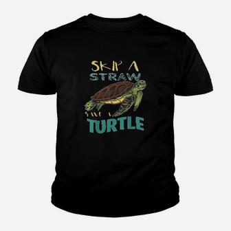 Skip Plastic Straw Save A Turtle Earth Day Climate Change Kid T-Shirt - Seseable