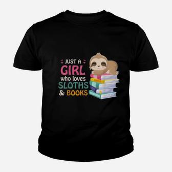 Sloth Gift Just A Girl Who Loves Sloths And Books Kid T-Shirt - Seseable