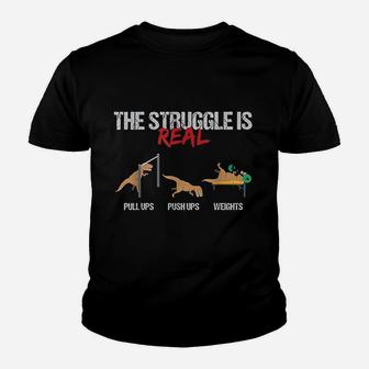 The Struggle Is Real Tee Rex Dinosaur Workout Fitness Kid T-Shirt - Seseable