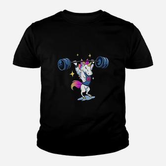 Unicorn Weightlifting Fitness Gym Deadlift Rainbow Kid T-Shirt - Seseable