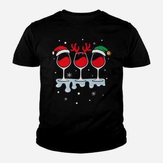 Wine Glass Christmas Elf Santa Hat Deer Antlers Kid T-Shirt - Seseable