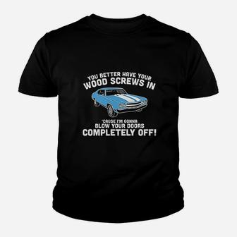 Wood Screws Doors Off Funny Retro Classic Party Old School 80s 90s Movie Kid T-Shirt - Seseable