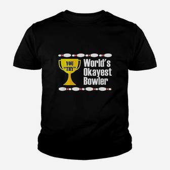 Worlds Okayest Bowler Trophy Funny Bowling Kid T-Shirt - Seseable