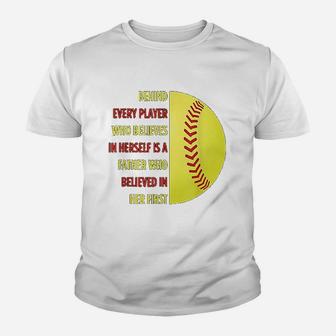 Behind Every Player Is A Father Softball Gift Dad Softball Kid T-Shirt - Seseable