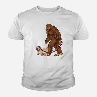 Bigfoot Dog Walk Pug Sasquatch Kids Boys Men Women Kid T-Shirt - Seseable