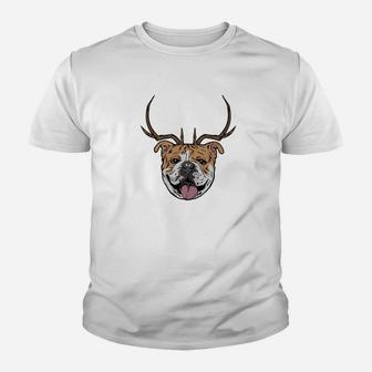 Bulldog Dog Reindeer Antlers Funny Christmas Gift Kid T-Shirt - Seseable