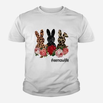 Cute Bunny Flowers Eemaw Life Happy Easter Sunday Floral Leopard Plaid Women Gift Kid T-Shirt - Seseable