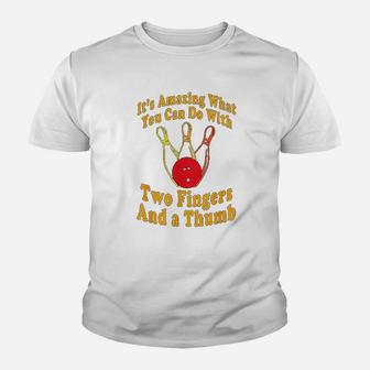 Funny Retro Bowling Ball Two Fingers And A Thumb Kid T-Shirt - Seseable