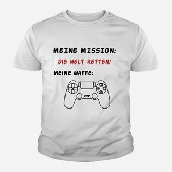 Gamer Kinder Tshirt Mission: Welt Retten mit Spielcontroller, Weiß - Seseable