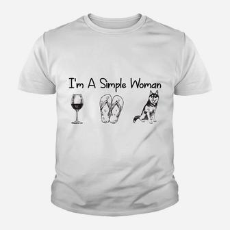 Im A Simple Woman Wine Flip Flops Husky Dog Lover Kid T-Shirt - Seseable