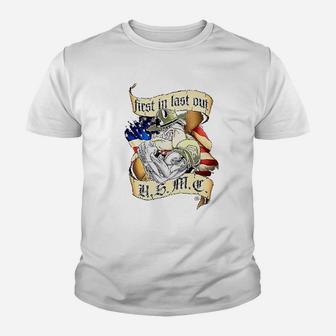 Marine Corps First In Last Out Marine Corps Kid T-Shirt - Seseable