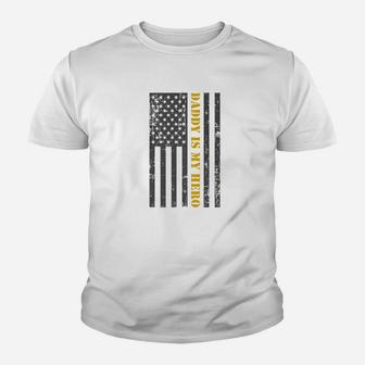 Mens Fathers Day 4th Of July American Flag Daddy Is My Hero Premium Kid T-Shirt