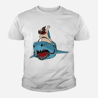 Pug Riding A Shark Funny Shark Dog Pug Gift Kid T-Shirt - Seseable