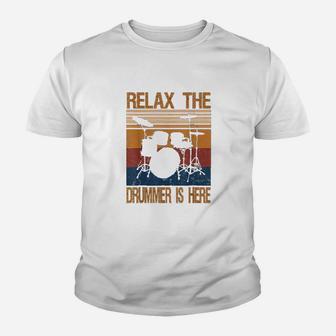 Vintage Drummer Relax The Drummer Is Here Drumset Kid T-Shirt - Seseable