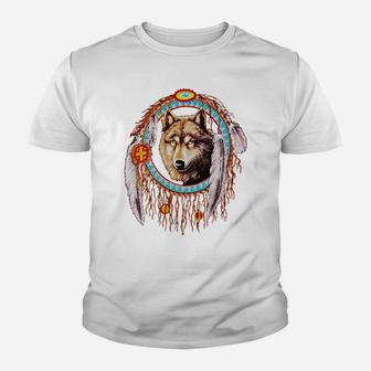 Wolf Dream Catcher Indian Native Kid T-Shirt - Seseable