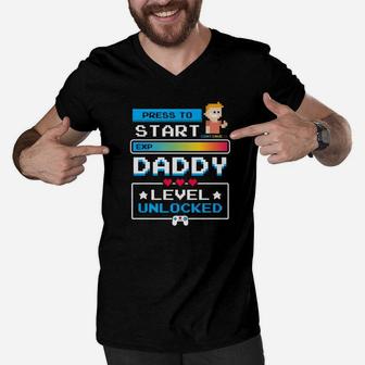 1st Time Dad Gamer Shirt First Time Daddy Level Unlocked Men V-Neck Tshirt - Seseable