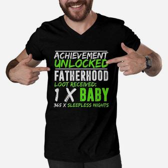 Achievement Unlocked Fatherhood First Time Dad Gamer Men V-Neck Tshirt - Seseable