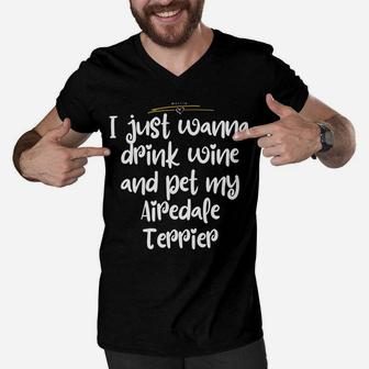 Airedale Terrier Dog Dad Mom Funny Wine Lover Gift Men V-Neck Tshirt - Seseable