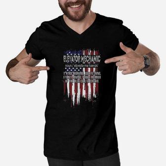 American Flag Elevator Mechanic Definition Fathers Day Gift Men V-Neck Tshirt - Seseable