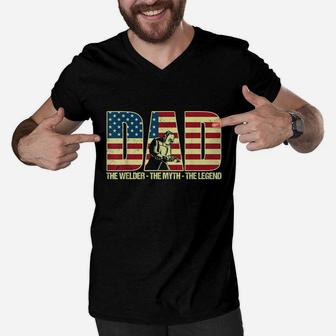 American Flag Welder Dad Myth Legend Fathers Day Shirt Men V-Neck Tshirt - Seseable