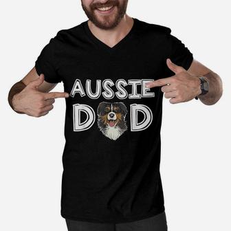 Aussie Dad Daddy Fathers Day Gift Australian Shepherd Men V-Neck Tshirt - Seseable