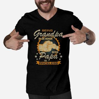 Being Grandpa Is An Honor Being Papa Is Priceless Best Dad Men V-Neck Tshirt - Seseable